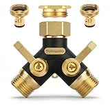 Wisdomgarden 2 Wege Messing Gartenschlauch Verteiler, Y Wasserhahnverteiler mit 2 unabhängigen Ventilen, 1 Zoll Schlauchverteiler für Garten-mit 3/4 Zoll Adapter, Rasenbewässerung und Außenwasserhahn