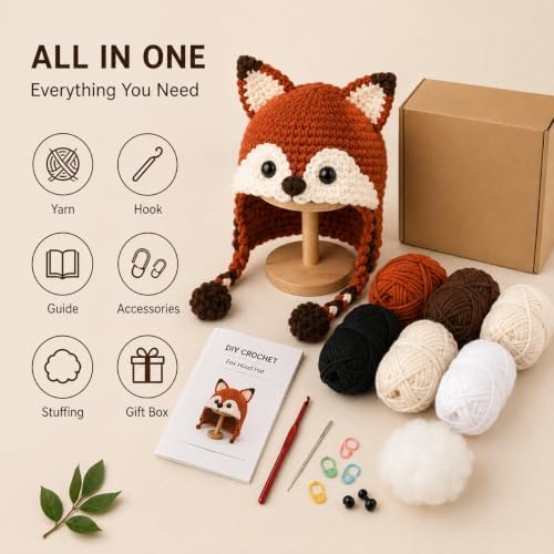 Pavemlo DIY Crochet Animal Hood Hat Kit Raccoon, inches, All-in-One Starter Pack Creative Crochet Activity, Creative Weekend Project with Guide, Yarn & Hook, Relaxing Leisure Gift - 2