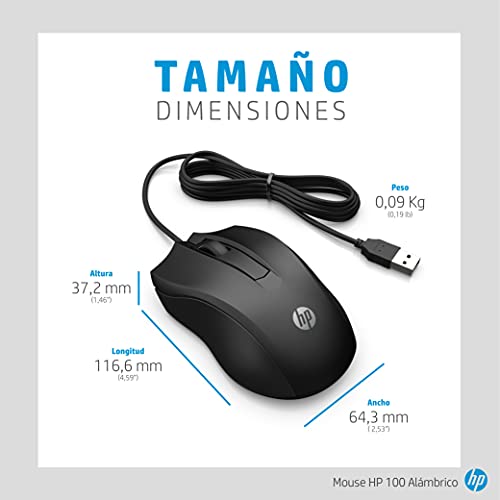Mouse HP USB 100 Preto - Sensor Óptico Ambidestro Resoluções até 1600 DPI Compatível com PC/Mac - 6V