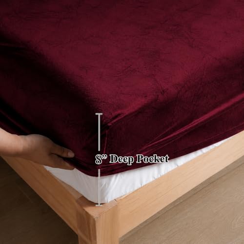 Image of Warm Flannel (Flano) King Size 330 TC Winter Fitted Bedsheet | All Side Elastic Premium Winter Soft Velvet Furnishing Bed Sheet with 2 Big Pillow Cover Size - 72 x 78 X 8 Inches Solid Maroon