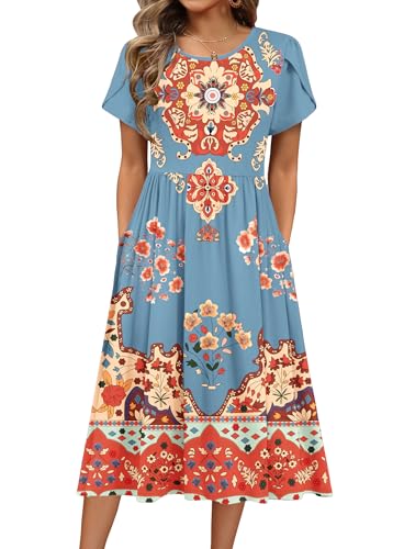 Image of HOTOUCH Women's Summer A-Line Midi Dresses 2026 Casual Floral Short Sleeve T-Shirt Dress Flowy Beach Sundress with Pockets