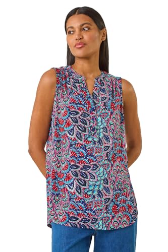 Roman Originals Sleeveless Shirt for Women UK Ladies Vest Tank Top Summer Smart Blouse Stretchy Jersey T-Shirt Casual Spring Holiday Party Beach Vacation Notch Neck - Abstract Blue - Size 20