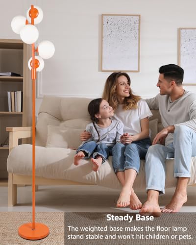 Image of 64IN Dimmable Orange Floor Lamp, Tall Standing Lamps with 5 Globe Soft Warm White Eye Care 3000K G9 Bulbs, Mid Century Modern Floor Lamp with 5Lbs Heavy Base for Living Room Bedroom Office