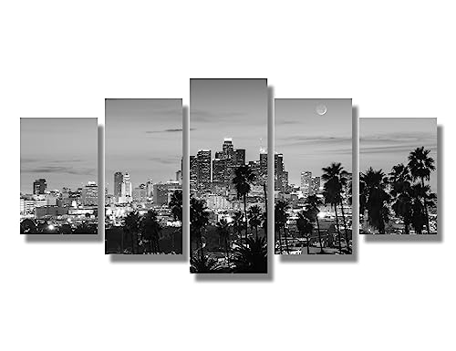 5 Panel Black and White Wall Art, California Skyline Night Cityscape Wall Decorations, Los Angeles Wall Painting, Downtown City of Angels LA City Wall Art for Living Room Ready to Hang 20X40INCH