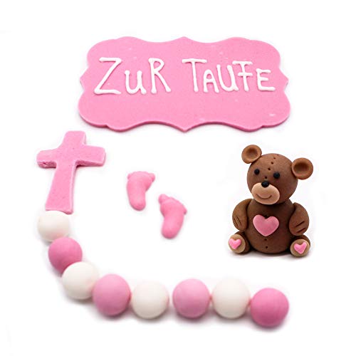 Bombasei 4 teiliges Taufe Set aus Marzipan / Fondant in Rosa, Tortendekoration Taufe, 38.5 g, V96007 Cover