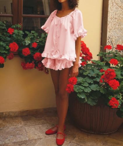 Image of Womens Fashion Summer Short Sets Short Sleeve Button Down Ruffle Trim Top and Shorts Cotton Pajama Sets