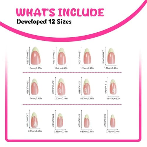 Image of Green Press on Nails Medium Almond Shaped Fake Nails with White Flower Design Nude Full Cover Stick on Nail 3D Wave Natural False Nail Artificial Acrylic Summer Glue on Nails for Women Manicure 24Pcs