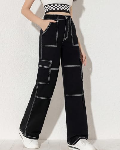 Girls Baggy Cargo Jeans Y2K Elastic Waist Straight Wide Leg Loose Denim Pants with Flap Pockets3