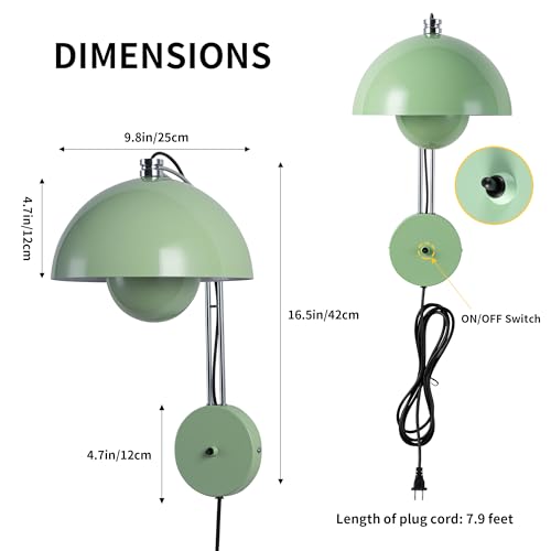 Image of Mid-Century Modern Bud Plug in Wall Sconces for Bedroom, Pastel Green | Indirect lighting reading wall lamp, all-metal construction, plug-in or hardwired install, fits bedroom bedside, living room