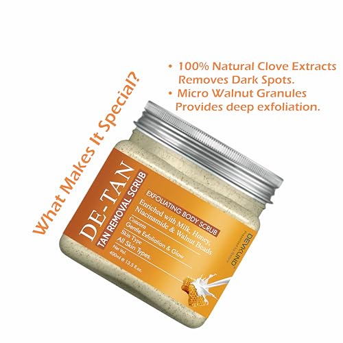 Image of De-Tan Removal Face & Body Scrub | Enriched with Milk, Honey, Niacinamide & Walnut Beads | Tan Removal, Brightening & Skin Polishing Exfoliator - 400ml
