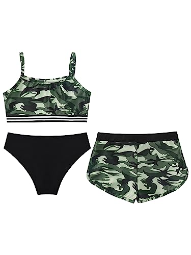 Girls 3 Piece Bathing Suit Printed Beach Swimwear Bikini Set with Shorts Kids Athletic Tankini Swimsuits4