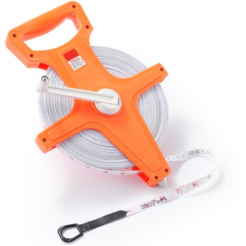 Open Reel Tape Measure, 100m/330ft Extra Long Standard &amp; Metric Industrial Measuring Tape, Dual Sided Measuring Wheel for Yard, Field, Carpentry, Construction (330ft)