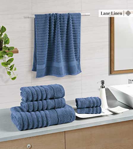 LANE LINEN Luxury Bath Towels for Bathroom Towels Decorative Set of 6, 100% Cotton Quick Dry Towels, Hand Towels and Washcloths Sets, Soft Workout Towels for Gym, Body, Hotel Collection Towels- Denim