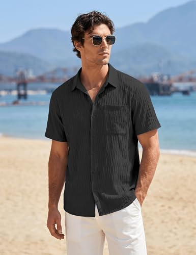 MAGNIVIT Mens Short Sleeve Shirts Button Up Men's Summer Casual Beach Shirts Business Wedding Textured Black Shirt — view 2