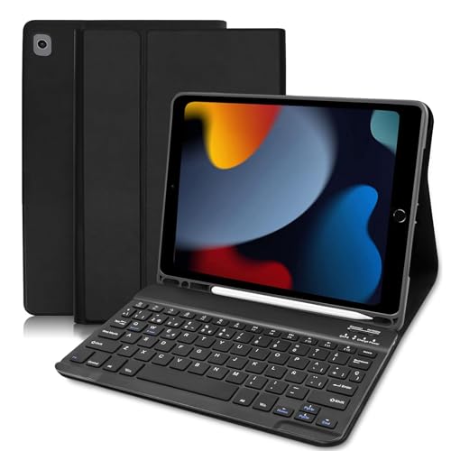 Funda con Teclado iPad 9a generación, Funda Teclado para iPad 10.2 Pulgadas(iPad 9th/ 8th/ 7th), Desmontable Teclado Español Ñ para iPad 9ª Gen / 8ª Gen / 7ª Gen/iPad Air 3/ iPad Pro 10.5, Negro