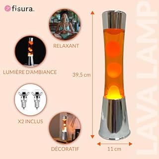 FISURA - Lampe à lave orange. Base chromée, liquide orange et lave. Lampe d'ambiance originale. Avec ampoule de rechange. 11 cm x 11cm x 39,5 cm.