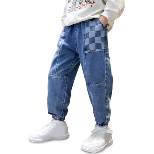 Baogaier Jeans para Niños, Holgados Vaqueros Casual Cintura Elástica Pantalones con Diseño de Pierna Cónica, Azul Lattice Largos Stretch Denim Jeans con Bolsillos Moda Niño Pants para 7-8 años