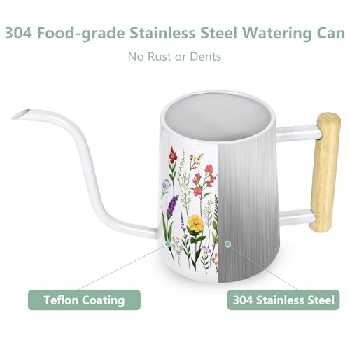 Image of Watering Can Indoor Plants, 35 oz /1000 ml Metal Stainless Steel Watering Can Pot with Long Spout for Indoor House Plants Bonsai Outdoor Garden Flower Decorative White Flowers