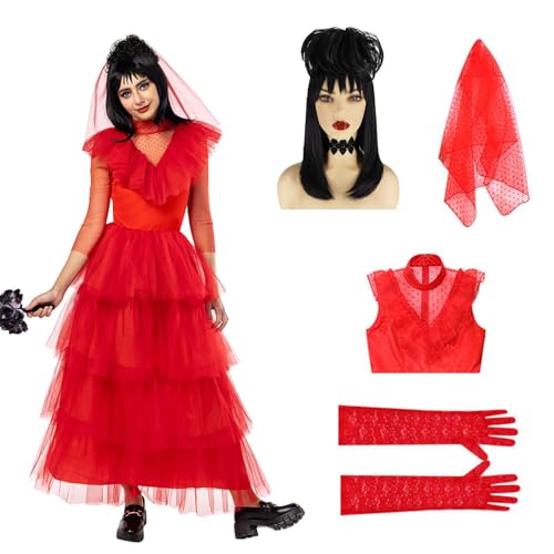 ZZXIAOJIE Lydia Costume for Halloween Women Red Dress with Black Wig Veil Lace Gloves Costume Set