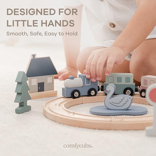 Comfy Cubs 30-Piece Wooden Train Set for Toddlers Ages 1+, Fun & Eco Friendly Toddler Train Set with Wooden Toy Tracks - Creative Toy Town Promoting Imaginative Play with Flexible Configuration