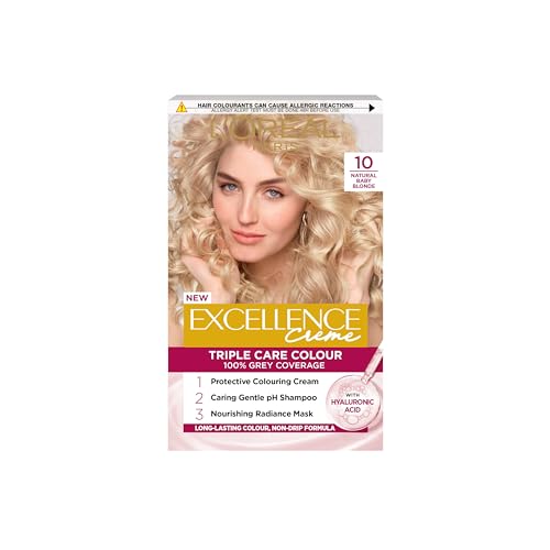 L'Oréal Paris Excellence Crème Permanent Hair Dye, Radiant At-Home Hair Colour with up to 100% Grey Coverage, Pro-Keratin, Up to 8 Weeks of Colour, Colour: 10 Natural Baby Blonde