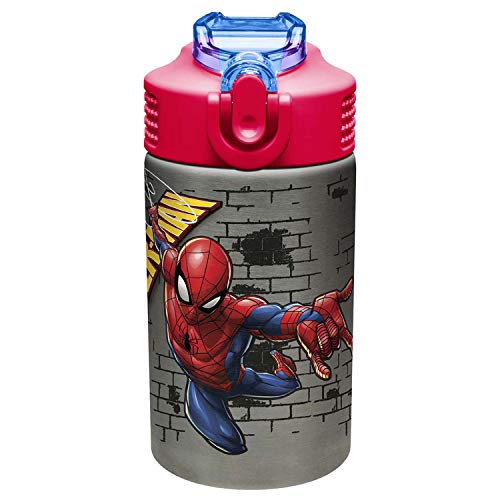 Image of Zak Designs Stainless Steel One Hand Operation Lid and Built-in Carrying Loop Water Bottle with Straw Spout is Perfect for Kids (15.5 oz, BPA Free), 1 Count (Pack of 1), Marvel Comics Spider-Man