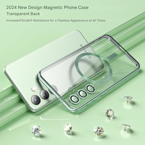 Image of VONZEE Clear Logo Electroplating Transparent Case For Samsung Galaxy S24 FE 5G, Magnetic Plating [Support For MagSafe Charger] Tpu Case Cover, Individual Camera Protection For Each Lens- Light Green