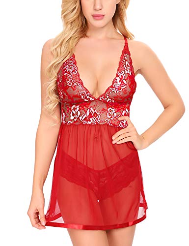 Ababoon Women Lingerie Lace Baby Doll Sexy Outfits Backless Chemise WineRed, L size