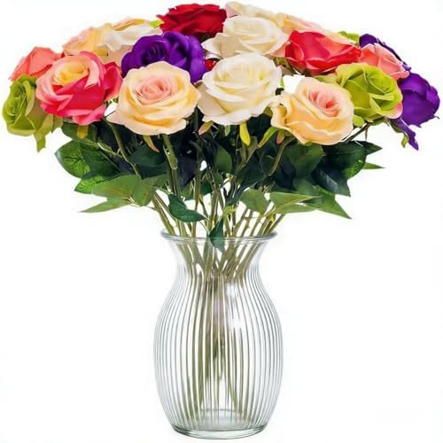 HLILai Artificial Flower Roses, 12PCS Real Touch Fake Flowers with Stems, 15" Flannel Roses for Christmas Home Wedding Bathroom Kitchen Decorations(Mix Color)