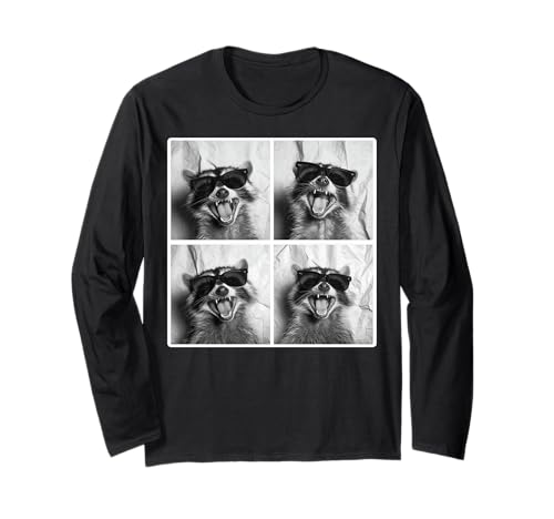 Lindo mapache con gafas de sol divertido Photobooth Selfie Manga Larga