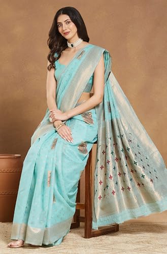 Image of Janasya Women's Sea Green Linen Blend Ethnic Motifs Woven Design Jacquard Saree with Blouse Piece
