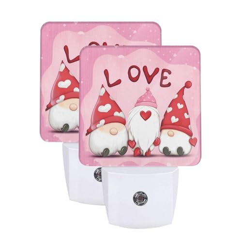 Image of Red Love Hearts with Gnome LED Plug-in Night Lamp 2 Piece Set, Auto Sensor Nightlights Set of 2 for Bedroom Bathroom