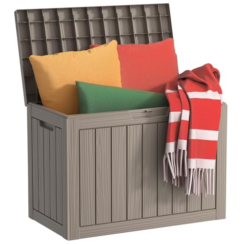 DRATO 45 Gallon Deck Box Outdoor Storage Box for Patio Furniture Patio Cushions Gardening Tools Pool Supplies 480lbs Weight Capacity Waterproof Resin Storage Boxes (Light Brown 45Gal)