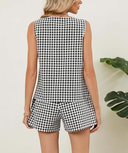 SEMATOMALA Women's Summer 2 Piece Outfits Sleeveless Gingham Vest and Shorts Beach Vacation Matching Sets4