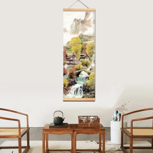 KARLOR Chinesische Malerei mit Holzrahmen, Rollbild Landschaftsmalerei Wanddekoration Kunstrolle Leinwand Gemälde Tintenstrahldruck Wand Dekoration Kunstwandrolle Herbst Stil 20 x 60 cm