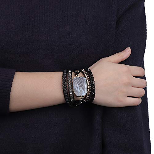 Pltgood Handmade 5 Wrap Leather Bead Bracelets For Women Men - Bohemian Natural Crystal Lava Stone Mixed Beaded Strand Bracelet With Brazilian Agate Collection #TOP4