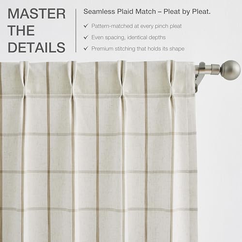Vision Home Flax Linen Plaid Pinch Pleated Semi Sheer Curtains 40Wx84Lx2 - image 4