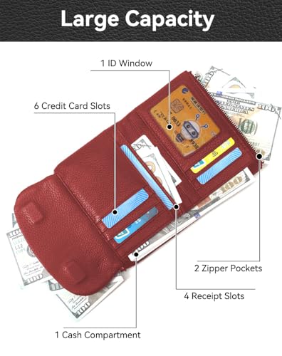 Wallet for Women [Genuine Leather] [Magnetic Closure], Large Capacity Female Ladies Bifold Wallet Card Holder, ID Window, Zipper Coin Pockets (Burgundy)3
