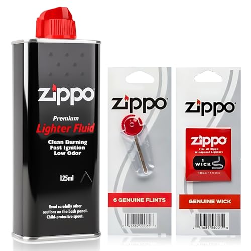 Zippo Lighter Fluid 125ml – Zippo Fuel Refill Kit with Genuine Wick and 6 Flints | Windproof, Low Odor, Fast Ignition, Easy Refill Nozzle, Original Lighter Accessories