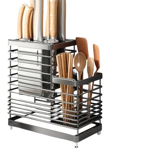 Hrzisda ナイフと箸ホルダー、研削ロッド、はさみ、フルーツナイフ、ステンレススチール製の多機能収納ラック、耐久性、排水トレイ、デザイン、ナイフの取り外しが簡単、キッチン収納用品 (ミディアムカウンタートップモデル(ダブルグリッド),A)