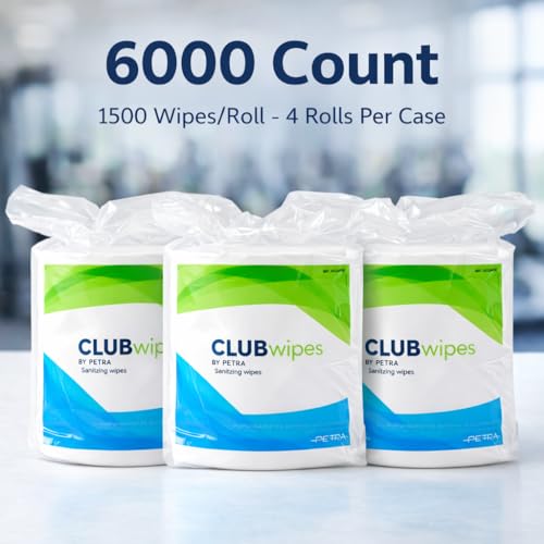 Image of CLUBwipes Gym Equipment Wipes Refill Rolls - 6000 Bulk Sanitizing Wipes for Fitness Centers, Gyms & Wellness Facilities - Commercial Cleaning Wipes for Gym Equipment - 4 x 1500 Roll Refill Pack