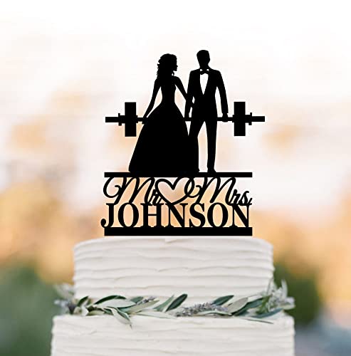 Personalized Wedding Cake Topper Fitness Couple Wedding Cake Topper, Weight Lifting Groom And Bride Silhouette Mr And Mrs