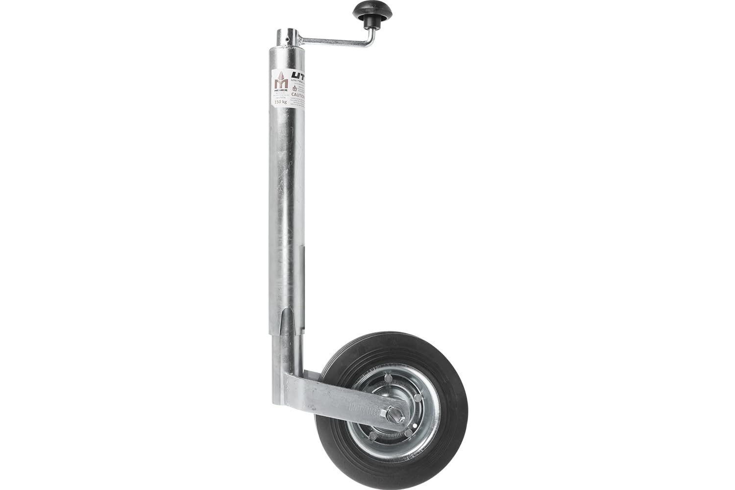 UNITRAILER Roue Jockey Tube 48 mm Charge 150 kg Hauteur 505 a 730 mm Extension 225 mm Roue 200 x 50 mm Caoutchouc Plein manivelle butee a Billes pour remorque attelage detelage