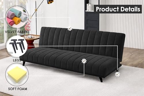 Image of Rosebell- Velvet Fabric Sofa Cum Bed 3-Seater Foldable Convertible Sofa, Modern Tufted Design Couch for Living Room, Guest Room & Office Black Color