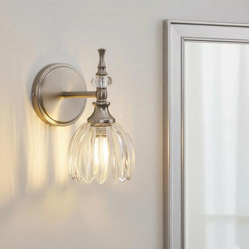 Image of ANDY STAR 1-Light Brushed Nickel Bathroom Vanity Light, Transitional Sconce | Ribbed Glass & Crystal Accent, Damp-Resistant, Heat-Resistant E12 Base, Reversible Up /Down Mounting