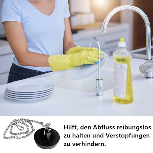 Dreamil Abflussstopfen 2 Stück Spüle Abflussstöpsel Gummistöpsel mit 45cm Edelstahl Stopperkette, Spülbecken-Abflussstöpsel für Badewanne, Küche, Badezimmer, Spülbeckenstopfen (45.6-42mm, schwarz)