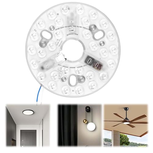 HOMTRAK Kit de Recambio Luz LED 15W para Ventilador de Techo 5.3, Panel Redondo 3CCT 3000/4200/6500K con Memoria, Base de Aluminio 85–265V, Repuesto Universal para Modernizar Lámparas y Ventiladores