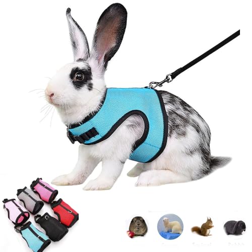 Bunny Leash and Harness Set Escape Proof Soft Rabbit Mesh Vest Adjustable Buckle for Ferret Guinea Pig Hamster Walking Small Animal Pets Rat Blue L