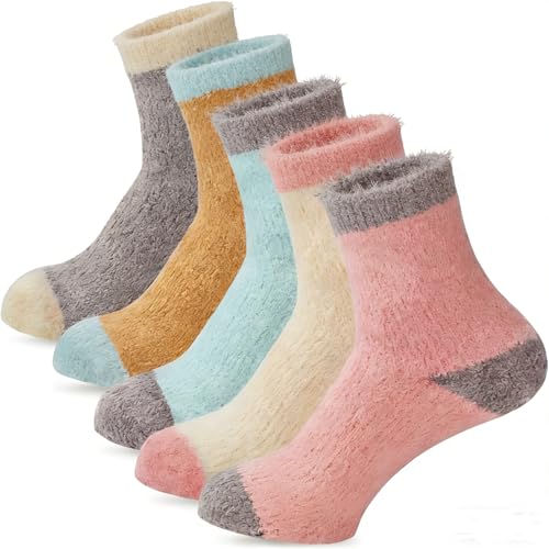 Image of kissleaf Thick Warm Fuzzy Socks for Women 5 Pairs Fluffy Cozy Womens Socks Winter Cute Slipper Socks for Women Gift