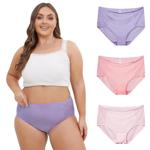 INNERSY Plus Size Full Briefs Women Multipack High Rise Ladies Underwear Big Lace Panties 3 Pack (16, Violet/Peach Pink/Pale Pink)